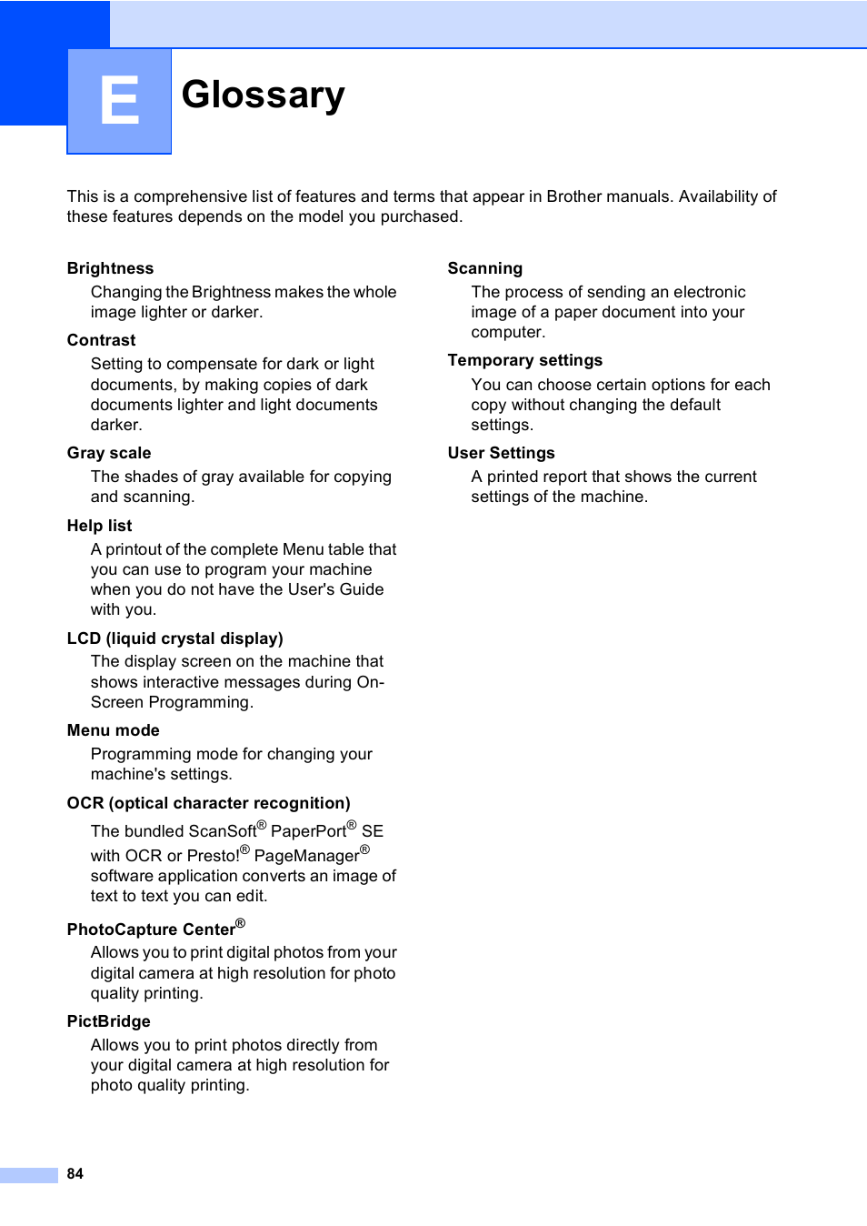 E glossary, Glossary | Brother DCP-130C User Manual | Page 97 / 102