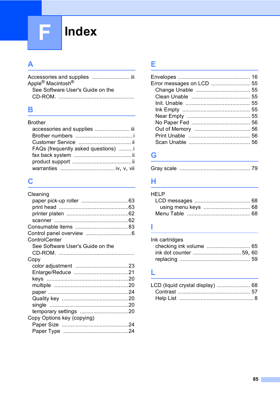 Index | Brother DCP-130C User Manual | Page 98 / 102