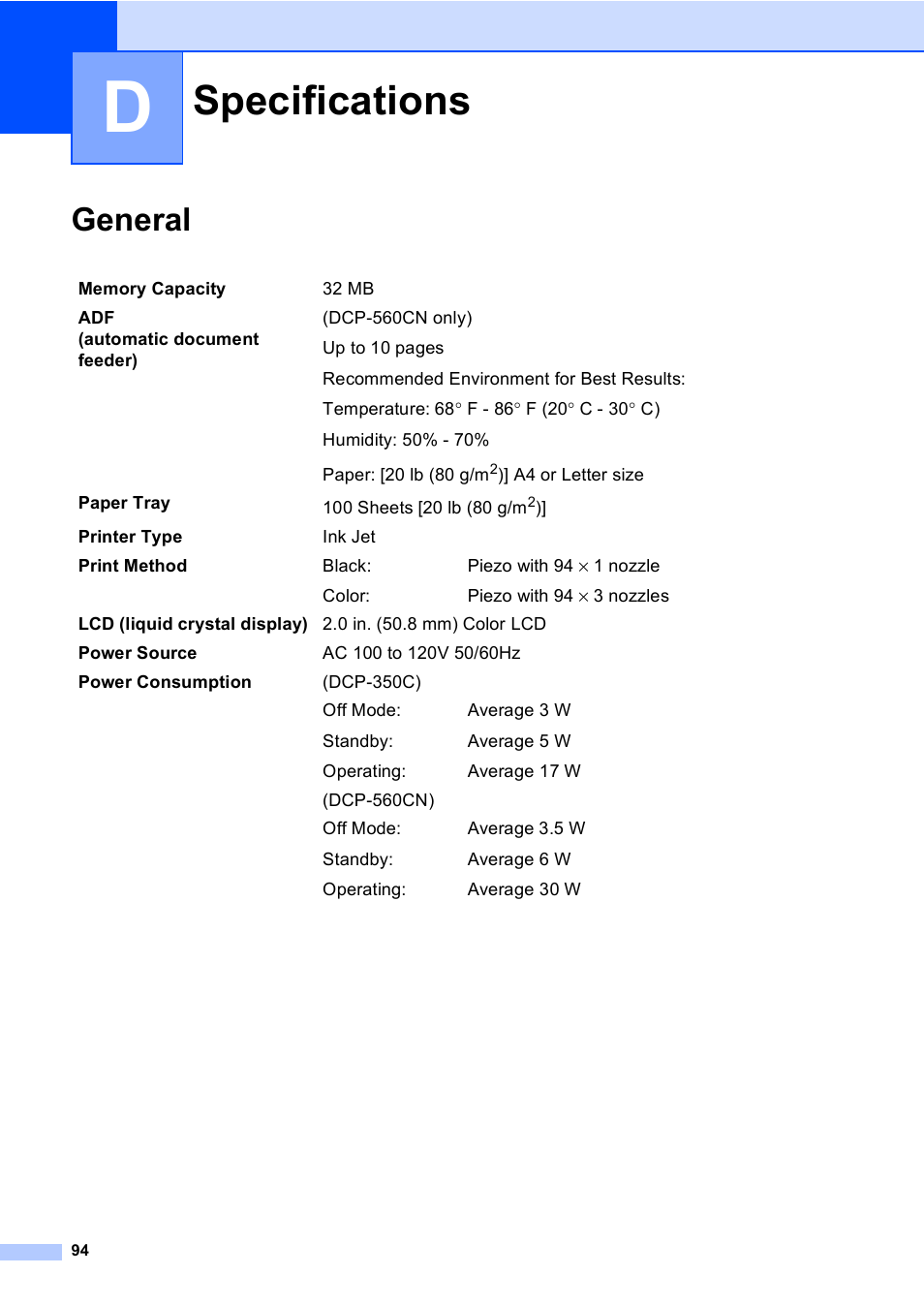 D specifications, General, Specifications | Brother DCP-350C User Manual | Page 108 / 124