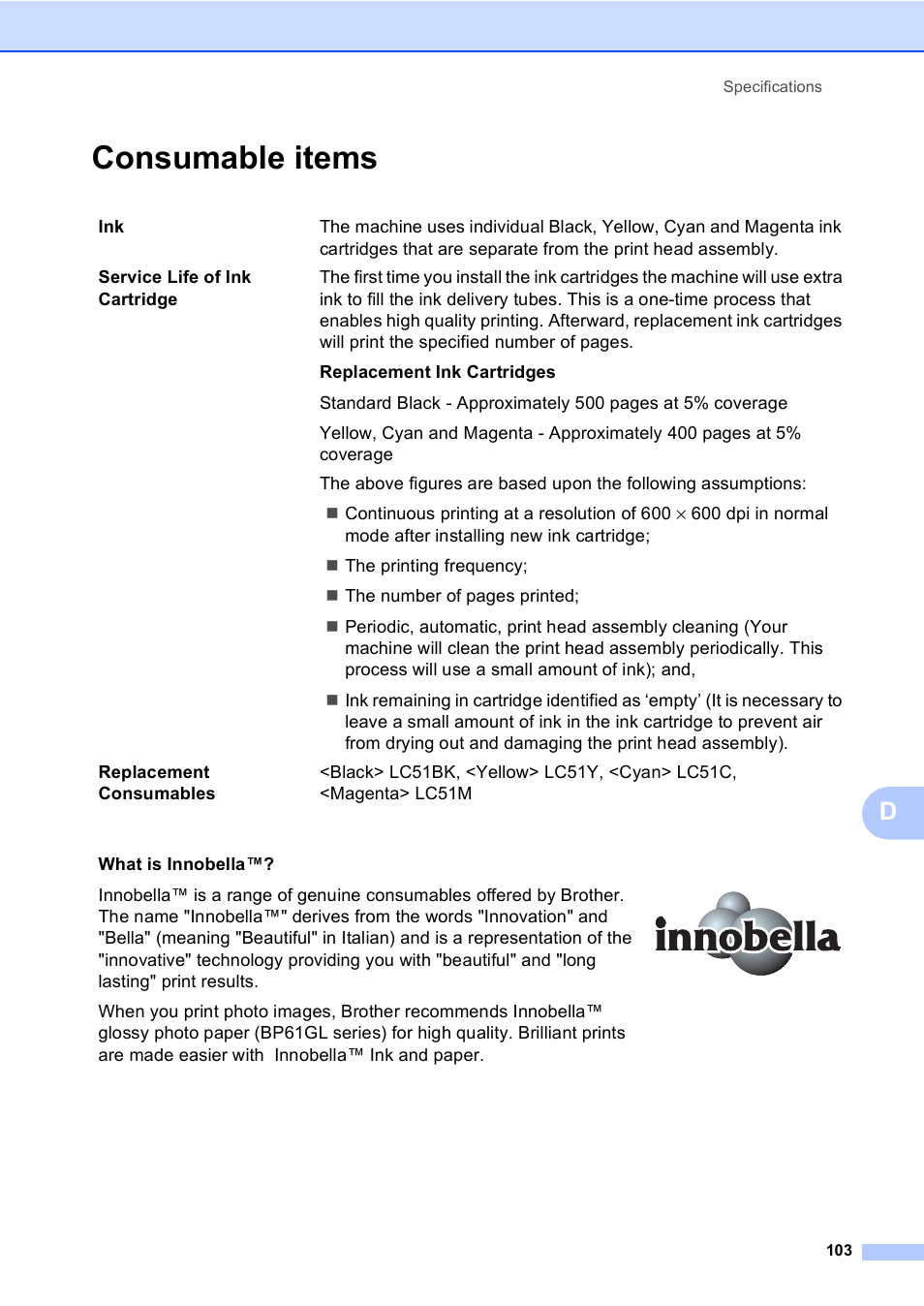 Consumable items | Brother DCP-350C User Manual | Page 117 / 124