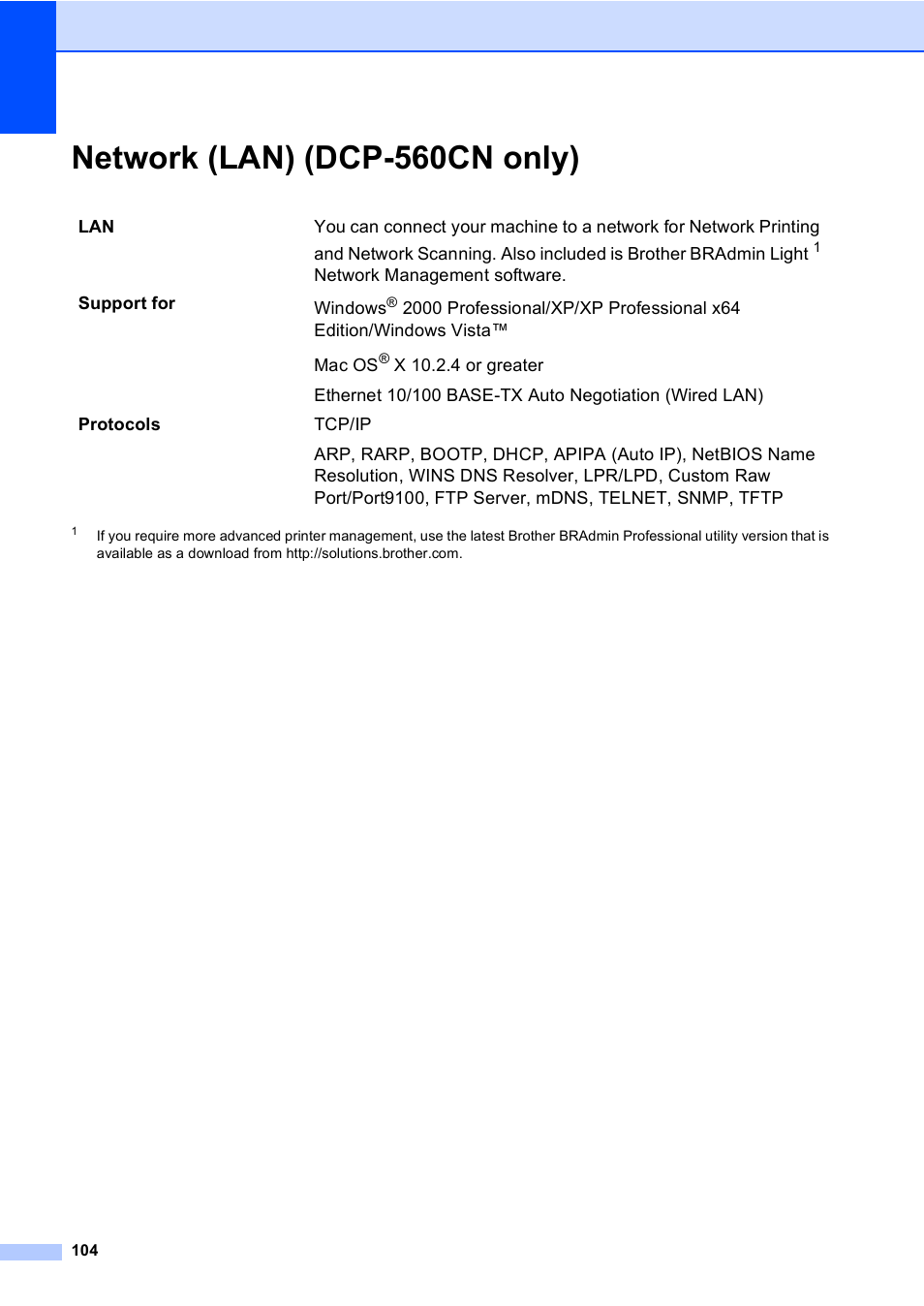 Network (lan) (dcp-560cn only) | Brother DCP-350C User Manual | Page 118 / 124