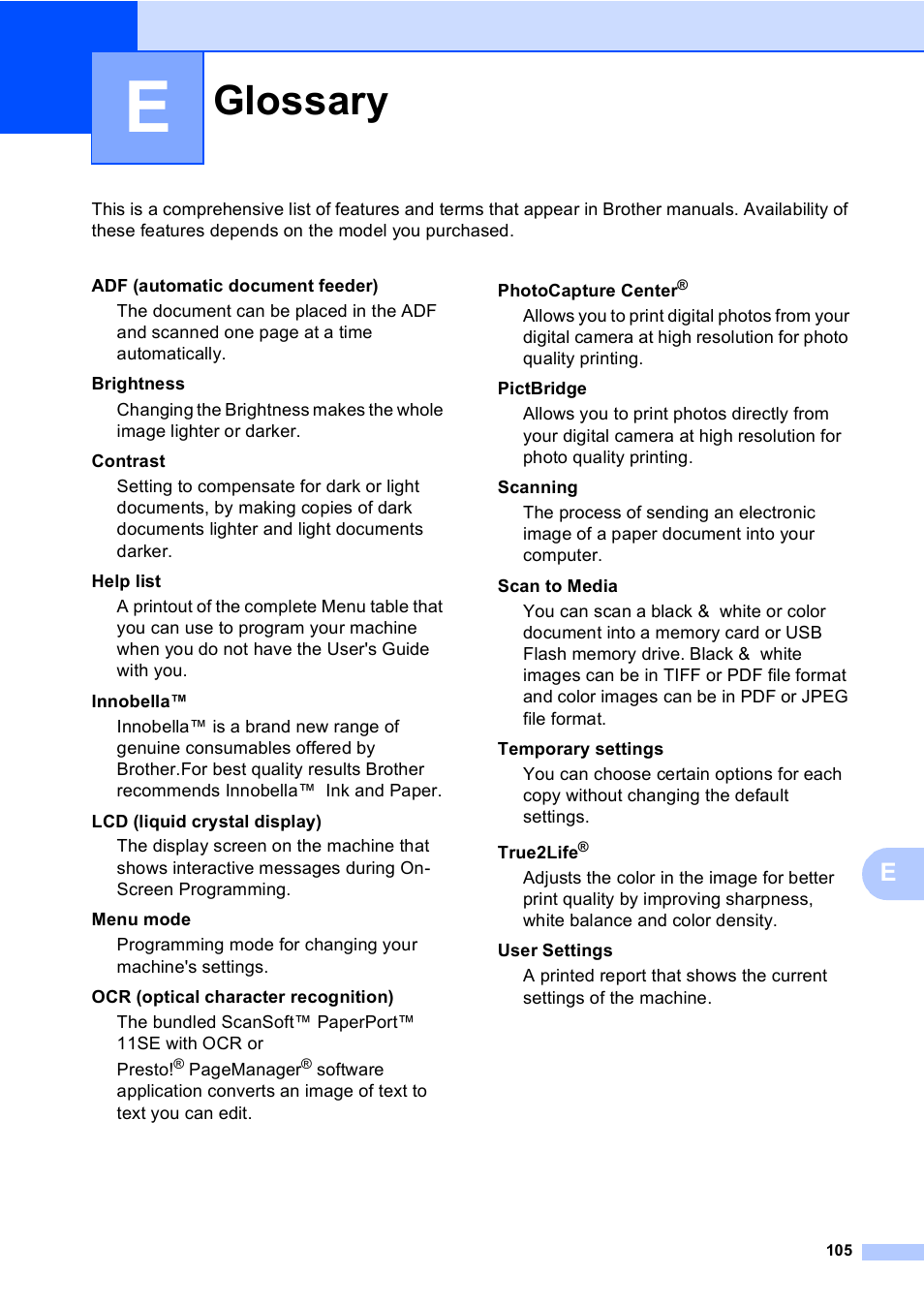 E glossary, Glossary | Brother DCP-350C User Manual | Page 119 / 124