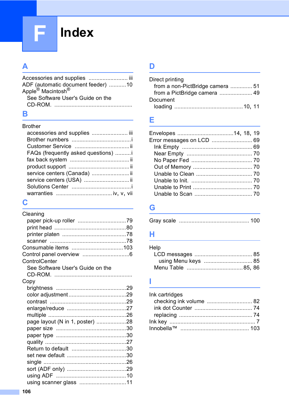 Index | Brother DCP-350C User Manual | Page 120 / 124