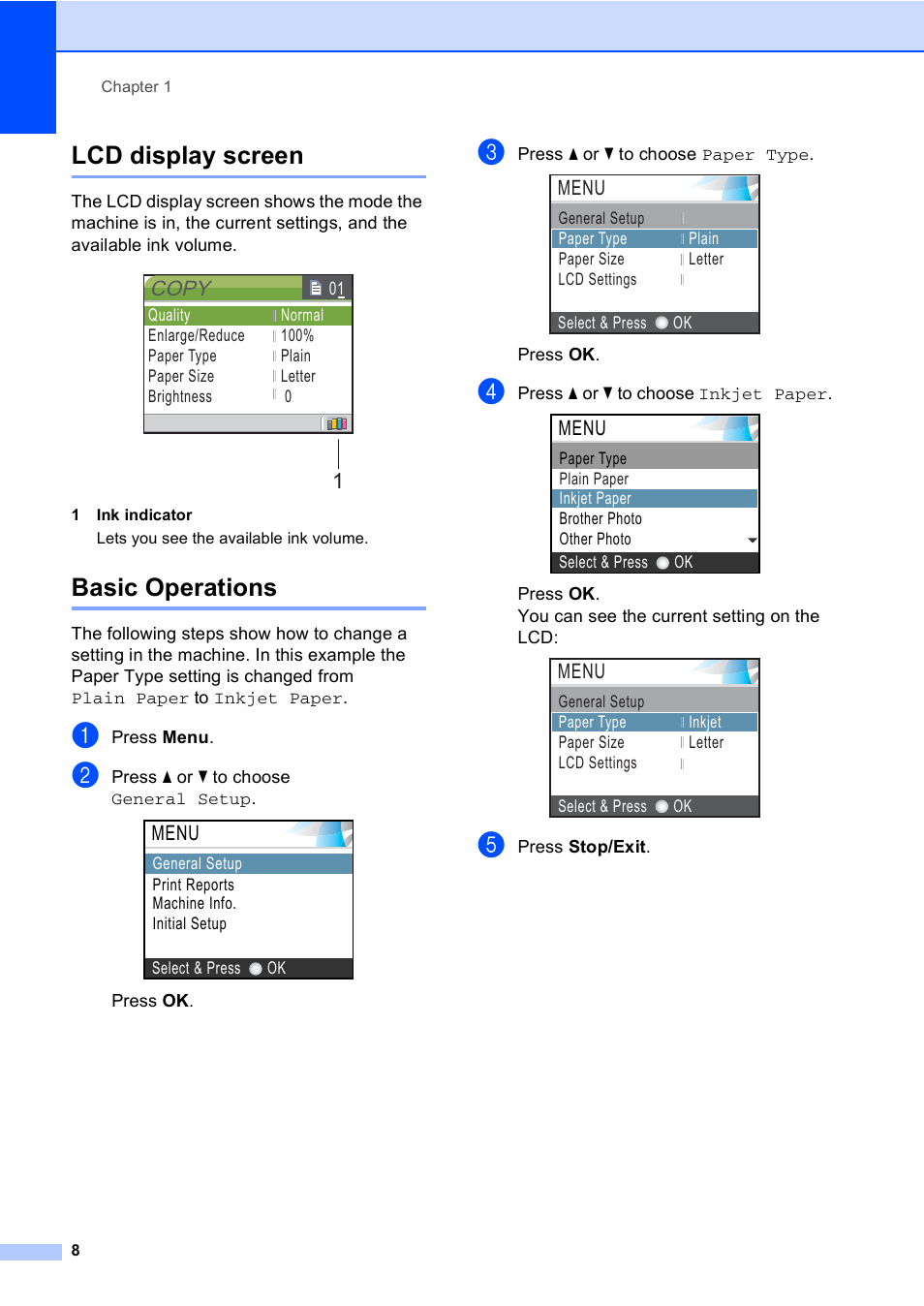 Lcd display screen, Basic operations, Lcd display screen basic operations | Copy, Menu | Brother DCP-350C User Manual | Page 22 / 124