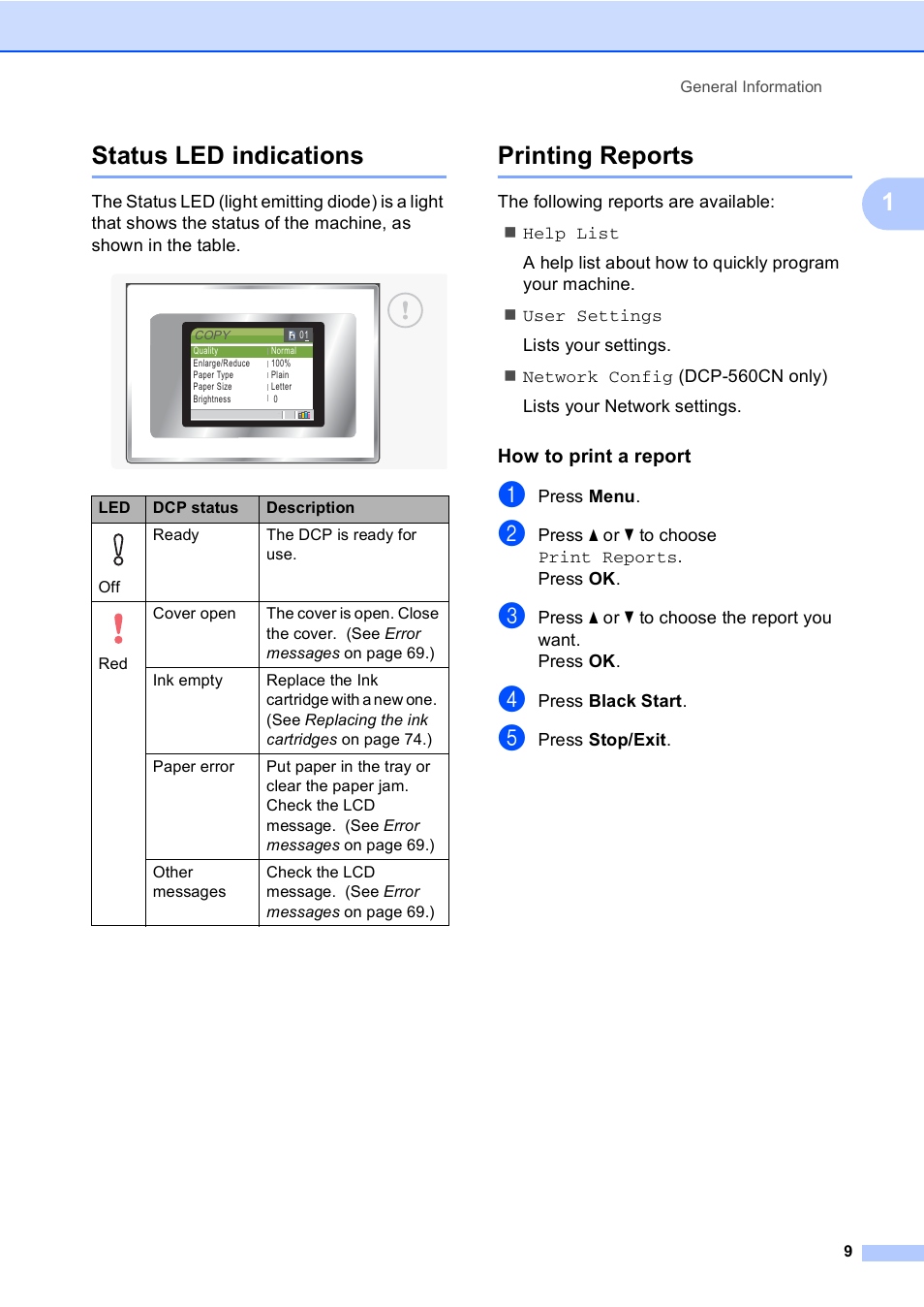 Status led indications, Printing reports, How to print a report | Status led indications printing reports, 1status led indications | Brother DCP-350C User Manual | Page 23 / 124