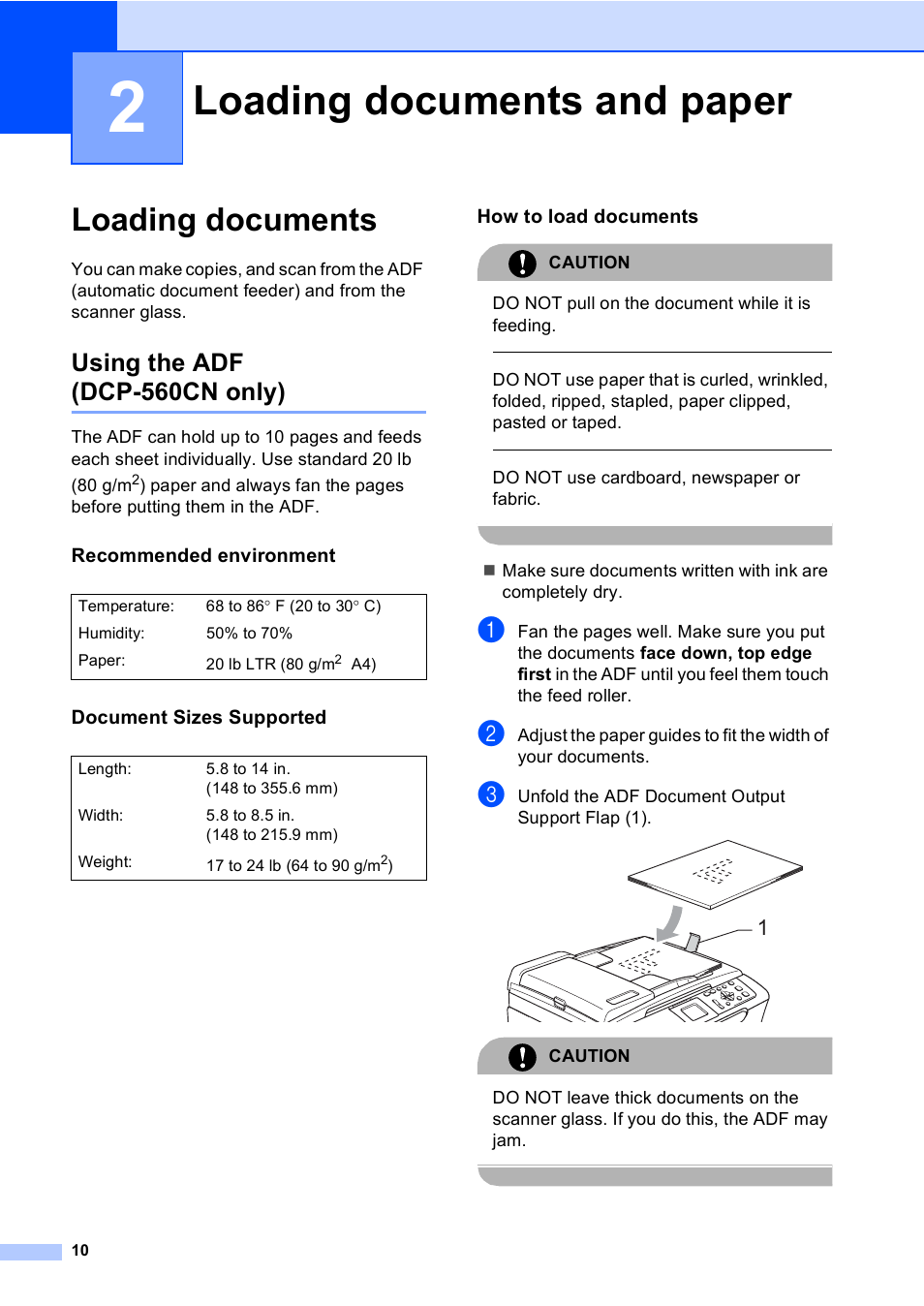 2 loading documents and paper, Loading documents, Using the adf (dcp-560cn only) | Recommended environment, Document sizes supported, How to load documents, Loading documents and paper | Brother DCP-350C User Manual | Page 24 / 124