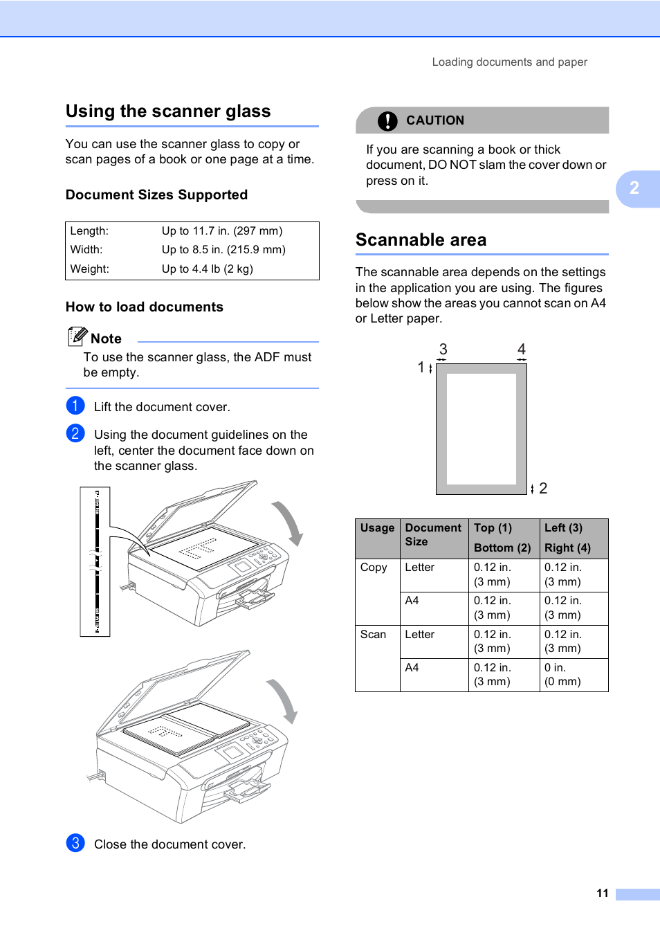 Using the scanner glass, Document sizes supported, How to load documents | Scannable area, Using the scanner glass scannable area, 2using the scanner glass | Brother DCP-350C User Manual | Page 25 / 124
