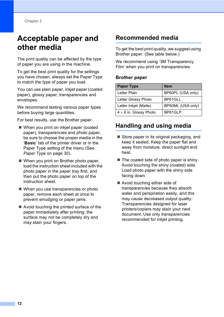 Acceptable paper and other media, Recommended media, Handling and using media | Recommended media handling and using media | Brother DCP-350C User Manual | Page 26 / 124