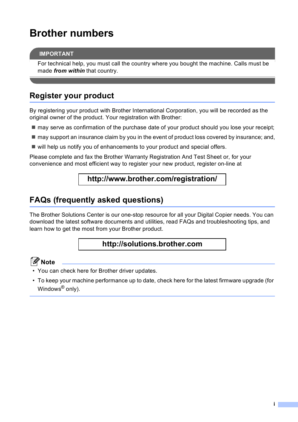 Brother numbers, Register your product, Faqs (frequently asked questions) | Brother DCP-350C User Manual | Page 3 / 124