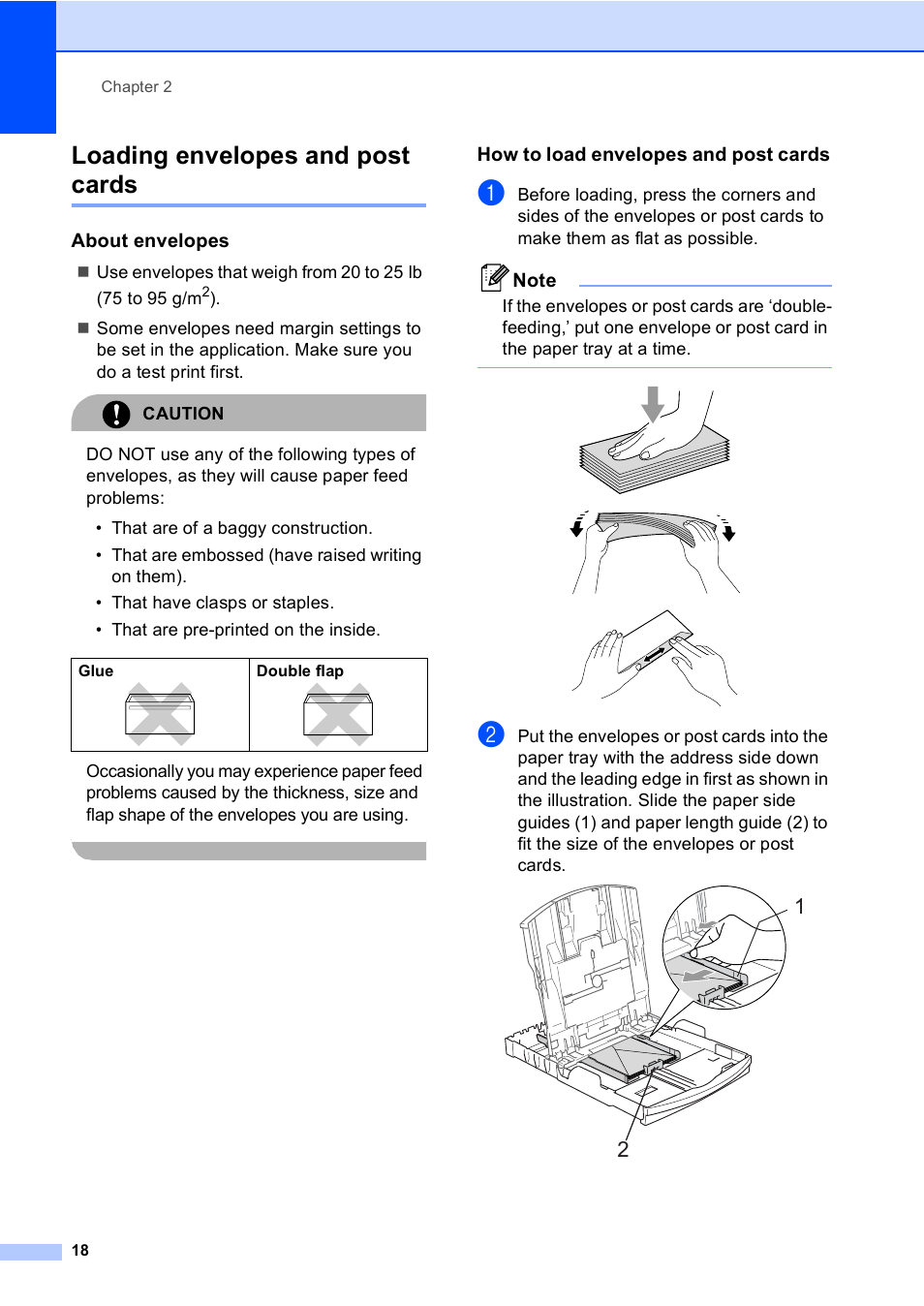 Loading envelopes and post cards, About envelopes, How to load envelopes and post cards | Brother DCP-350C User Manual | Page 32 / 124