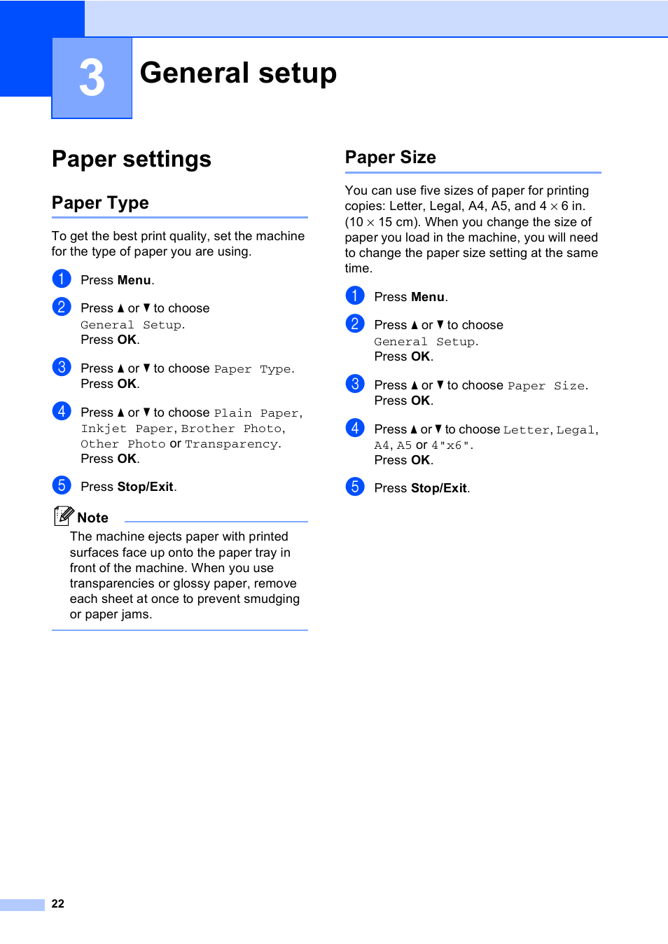 3 general setup, Paper settings, Paper type | Paper size, General setup, Paper type paper size | Brother DCP-350C User Manual | Page 36 / 124