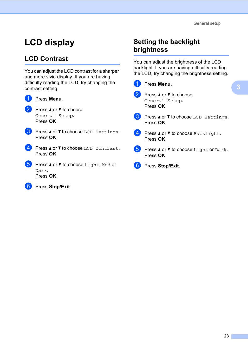 Lcd display, Lcd contrast, Setting the backlight brightness | Lcd contrast setting the backlight brightness | Brother DCP-350C User Manual | Page 37 / 124