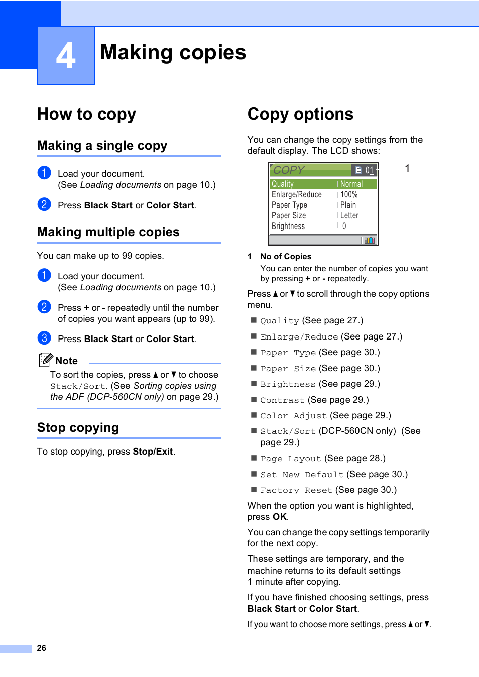 4 making copies, How to copy, Making a single copy | Making multiple copies, Stop copying, Copy options, Making copies | Brother DCP-350C User Manual | Page 40 / 124
