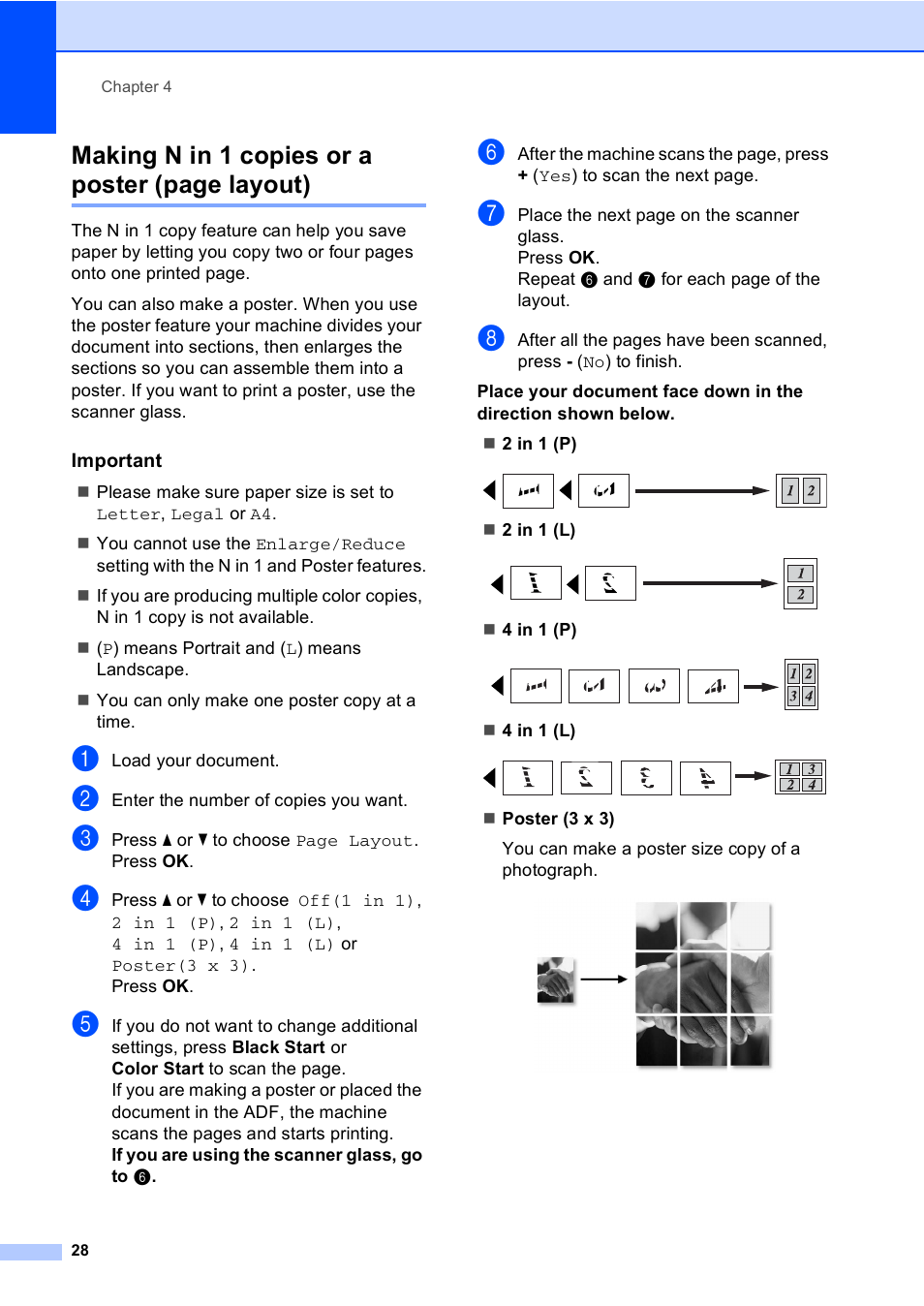 Important, Making n in 1 copies or a poster (page layout) | Brother DCP-350C User Manual | Page 42 / 124