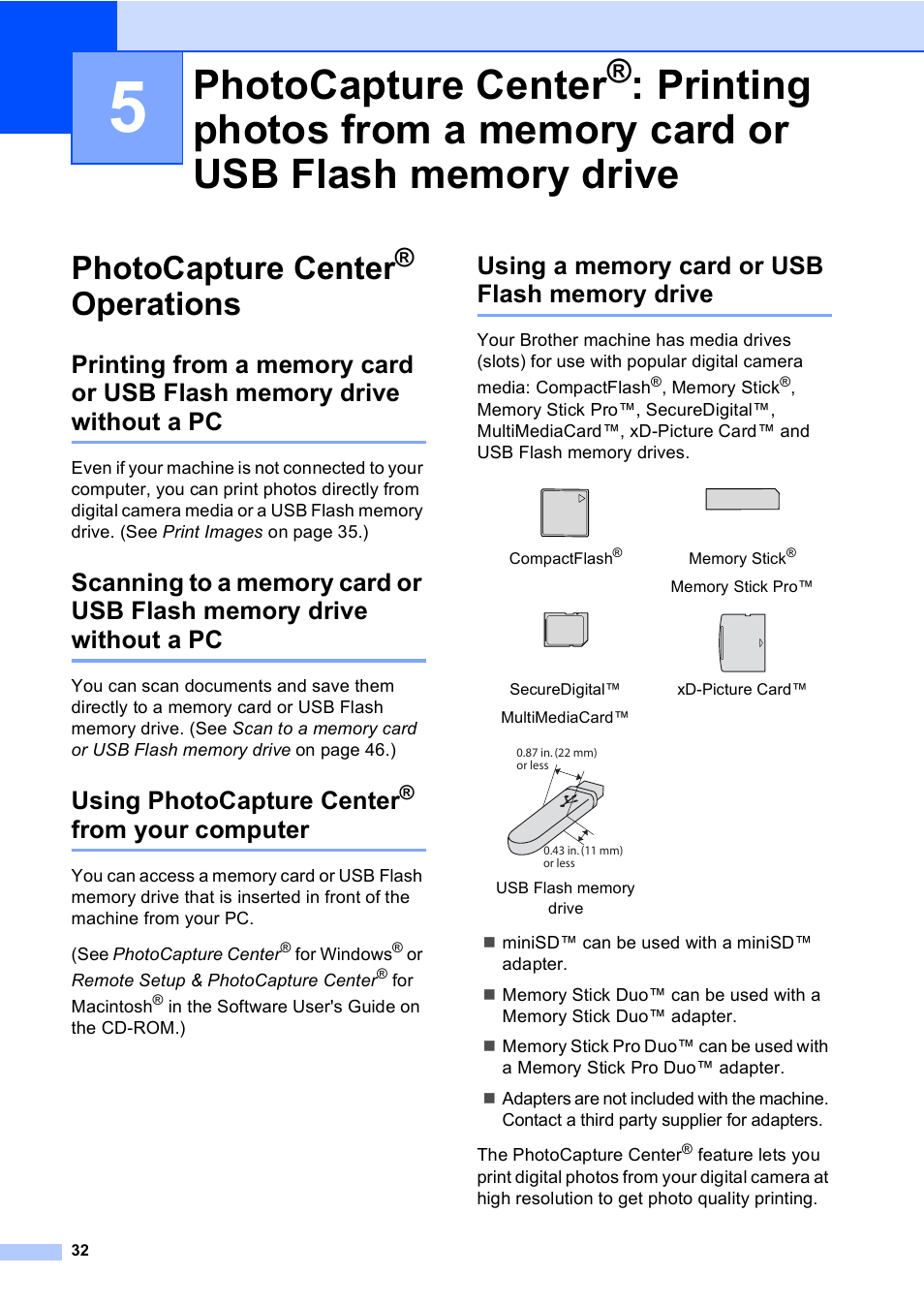 Photocapture center® operations, Using photocapture center® from your computer, Using a memory card or usb flash memory drive | Photocapture center, Printing photos from a memory card, Or usb flash memory drive, Operations, From your computer, Using photocapture center | Brother DCP-350C User Manual | Page 46 / 124