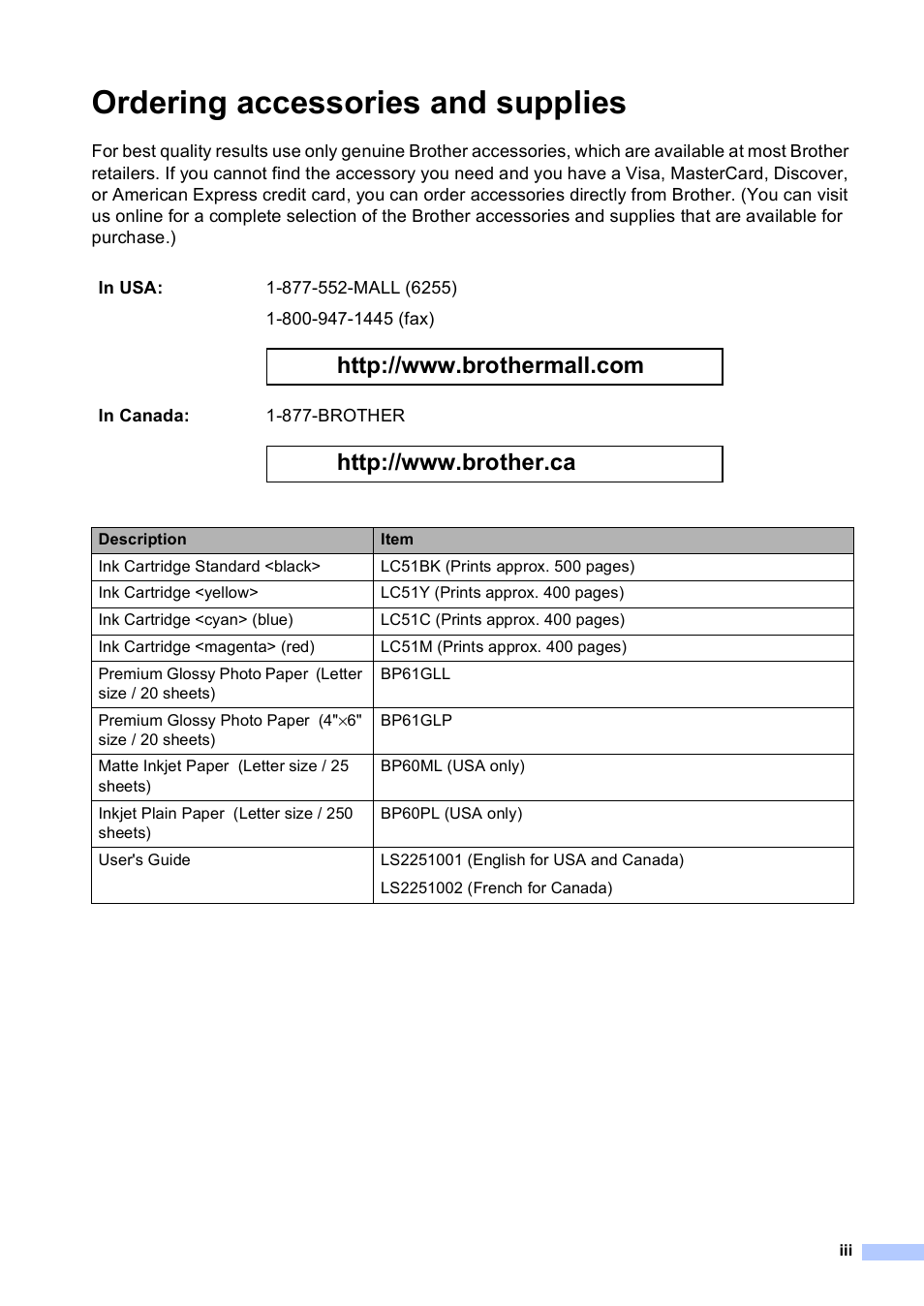 Ordering accessories and supplies | Brother DCP-350C User Manual | Page 5 / 124