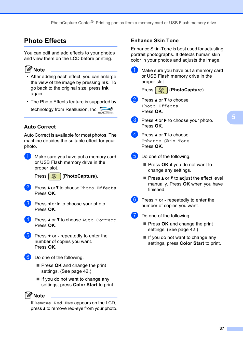 Photo effects, Auto correct, Enhance skin-tone | 5photo effects | Brother DCP-350C User Manual | Page 51 / 124