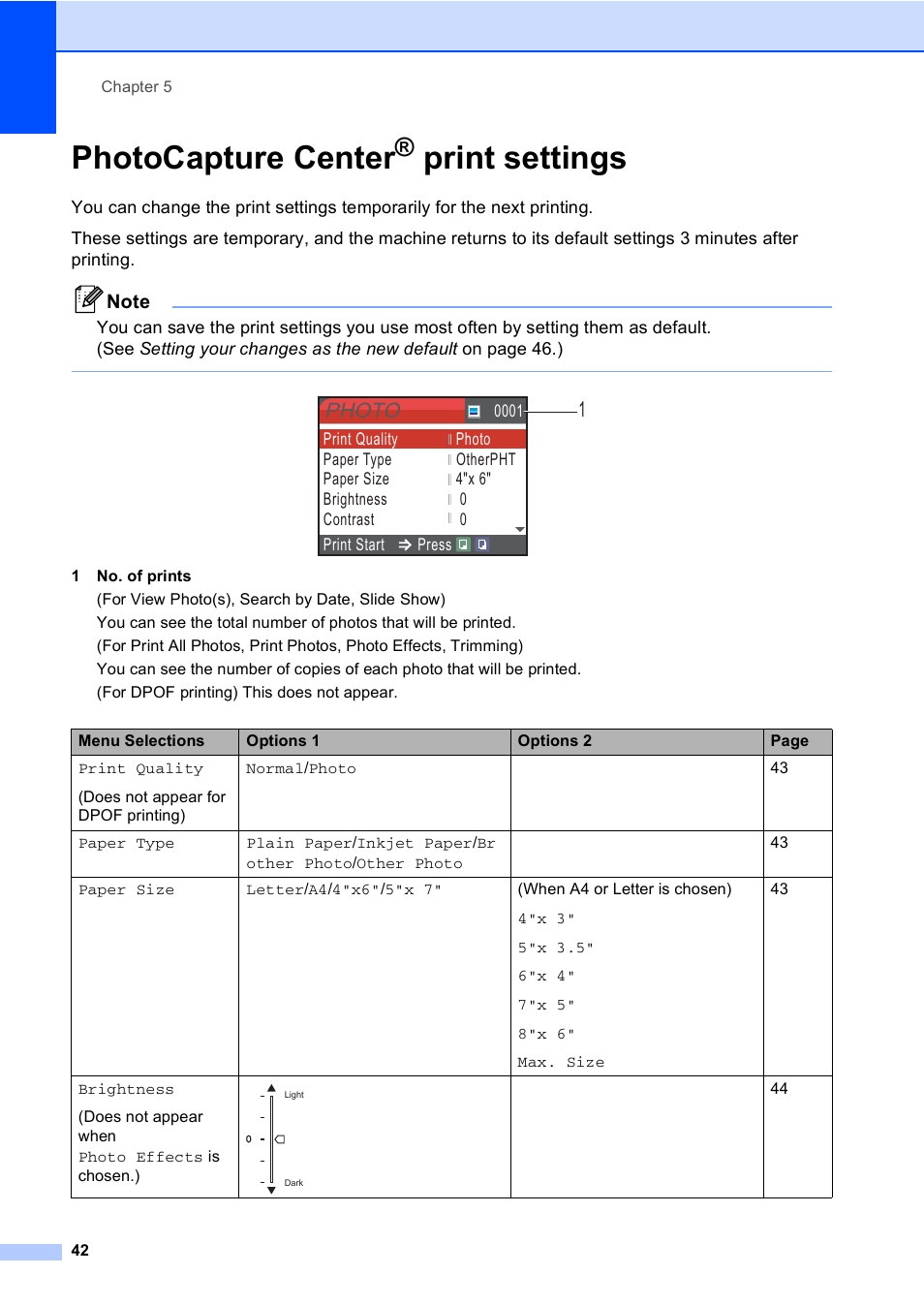 Photocapture center® print settings, Photocapture center, Print settings | Photo | Brother DCP-350C User Manual | Page 56 / 124