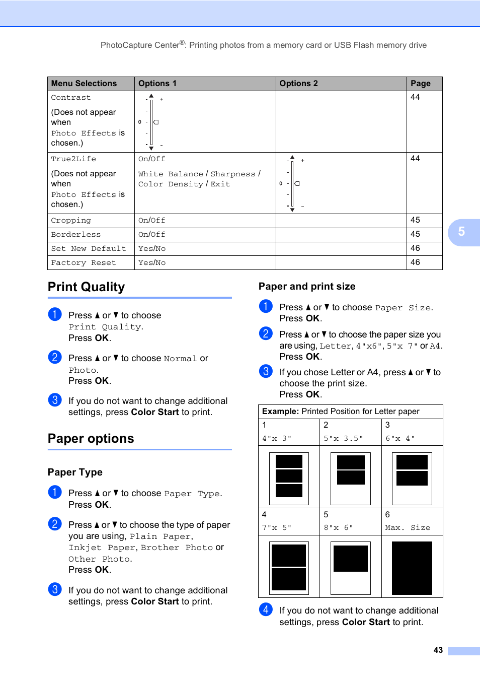 Print quality, Paper options, Paper type | Paper and print size, Print quality paper options, 5print quality | Brother DCP-350C User Manual | Page 57 / 124