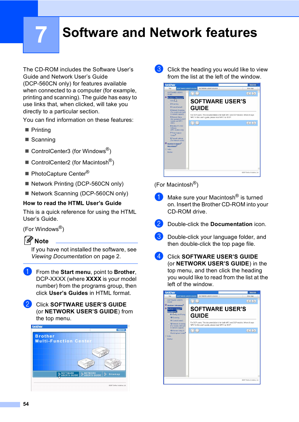 7 software and network features, Software and network features | Brother DCP-350C User Manual | Page 68 / 124