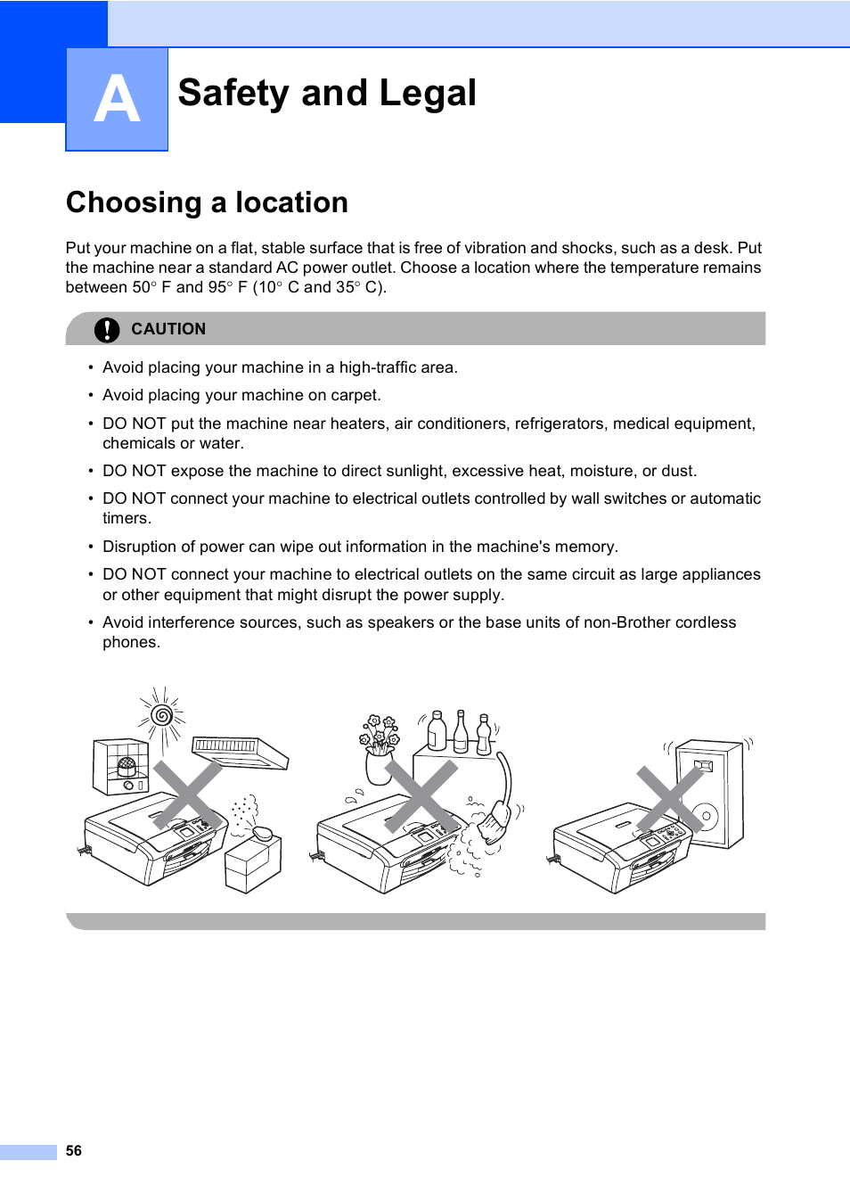 A safety and legal, Choosing a location, Safety and legal | Brother DCP-350C User Manual | Page 70 / 124
