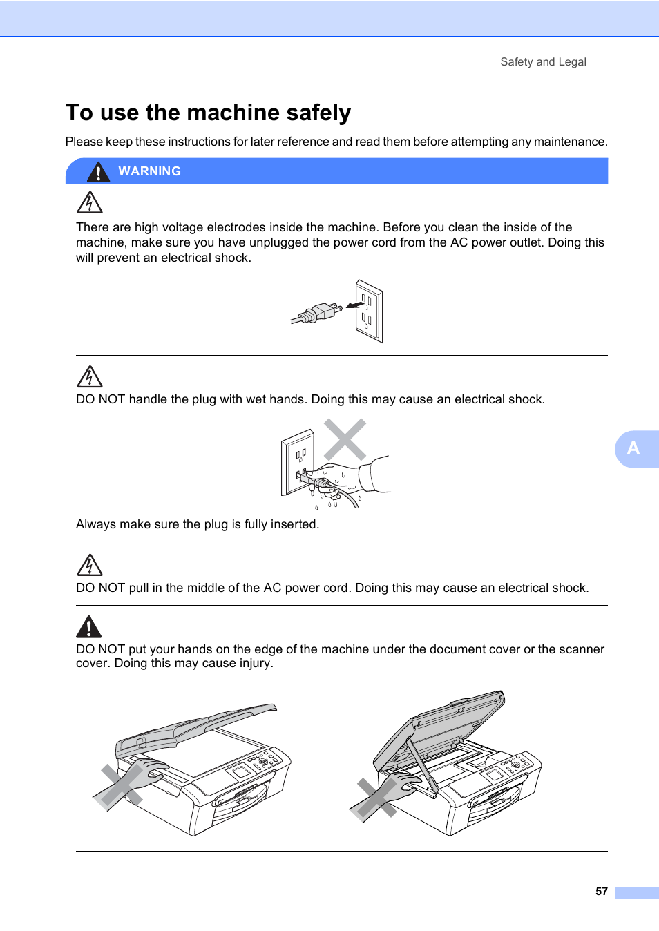 To use the machine safely, Always make sure the plug is fully inserted, Safety and legal 57 | Brother DCP-350C User Manual | Page 71 / 124
