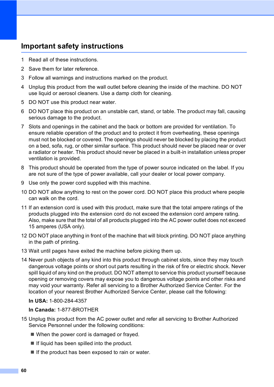 Important safety instructions | Brother DCP-350C User Manual | Page 74 / 124