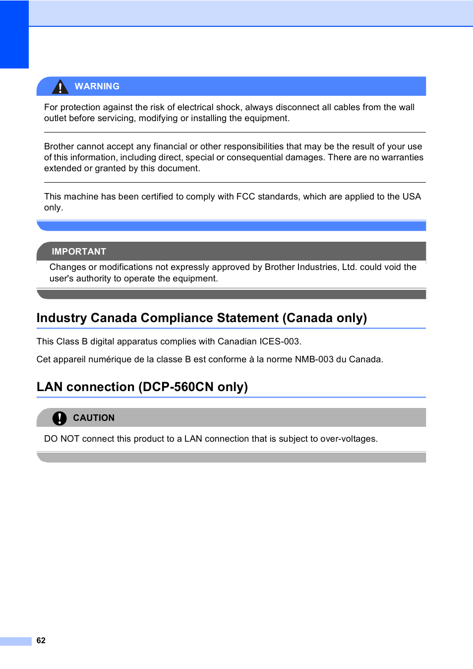 Industry canada compliance statement (canada only), Lan connection (dcp-560cn only), Warning | Caution | Brother DCP-350C User Manual | Page 76 / 124