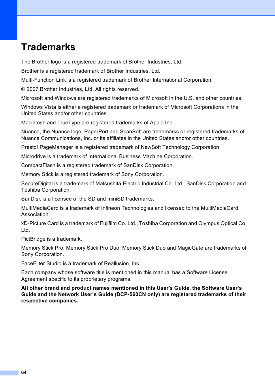 Trademarks | Brother DCP-350C User Manual | Page 78 / 124