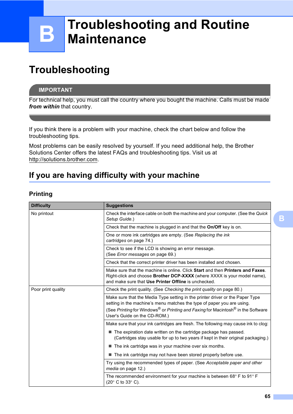 B troubleshooting and routine maintenance, Troubleshooting, If you are having difficulty with your machine | Troubleshooting and routine maintenance | Brother DCP-350C User Manual | Page 79 / 124