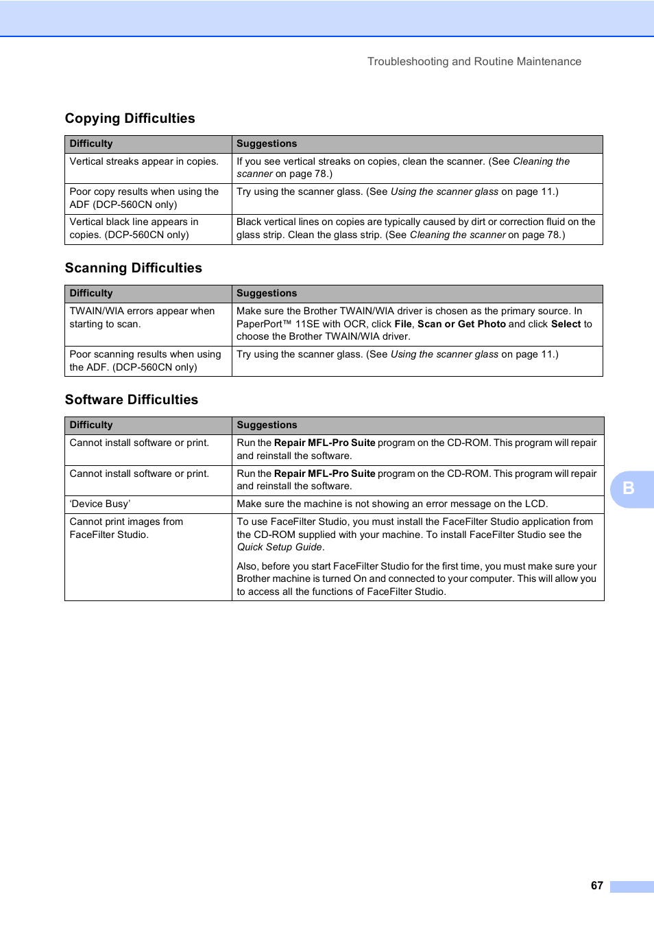 Copying difficulties, Scanning difficulties, Software difficulties | Brother DCP-350C User Manual | Page 81 / 124