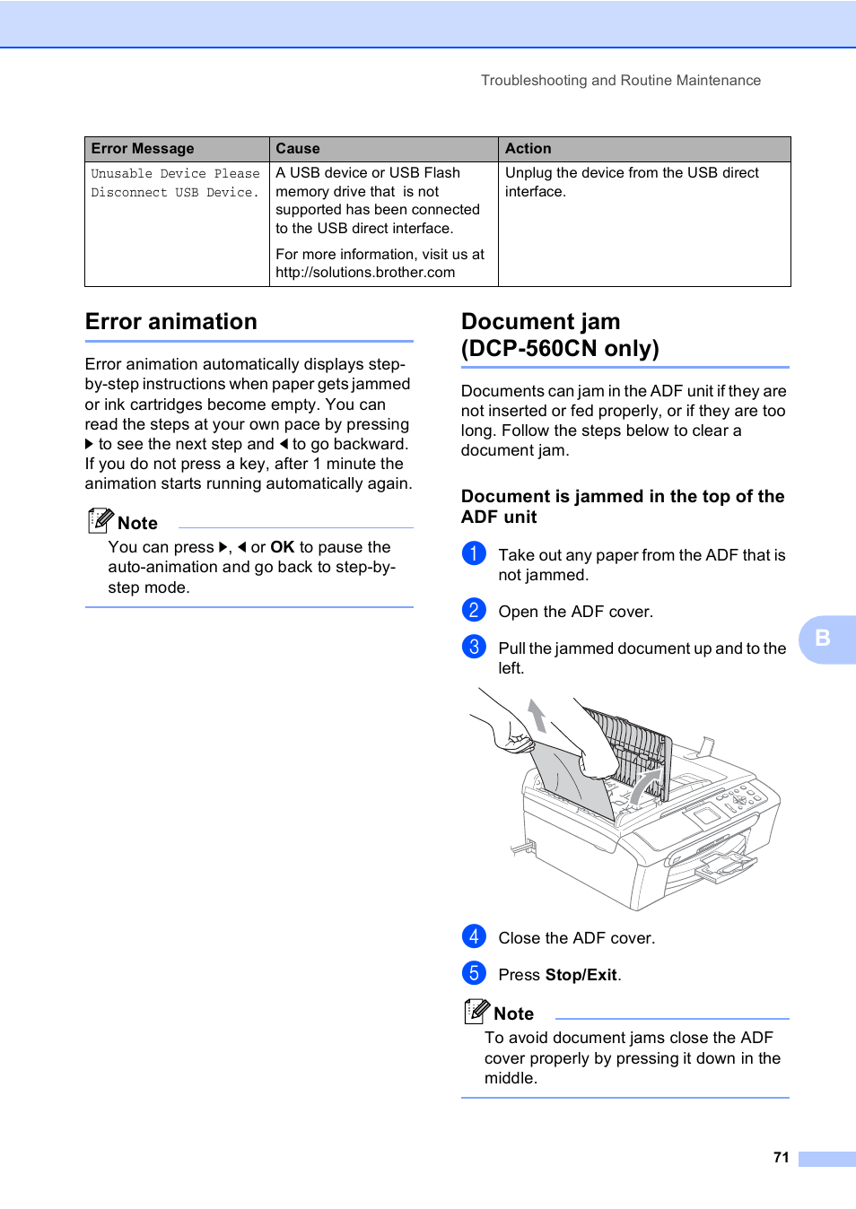 Error animation, Document jam (dcp-560cn only), Document is jammed in the top of the adf unit | Error animation document jam (dcp-560cn only), Berror animation | Brother DCP-350C User Manual | Page 85 / 124