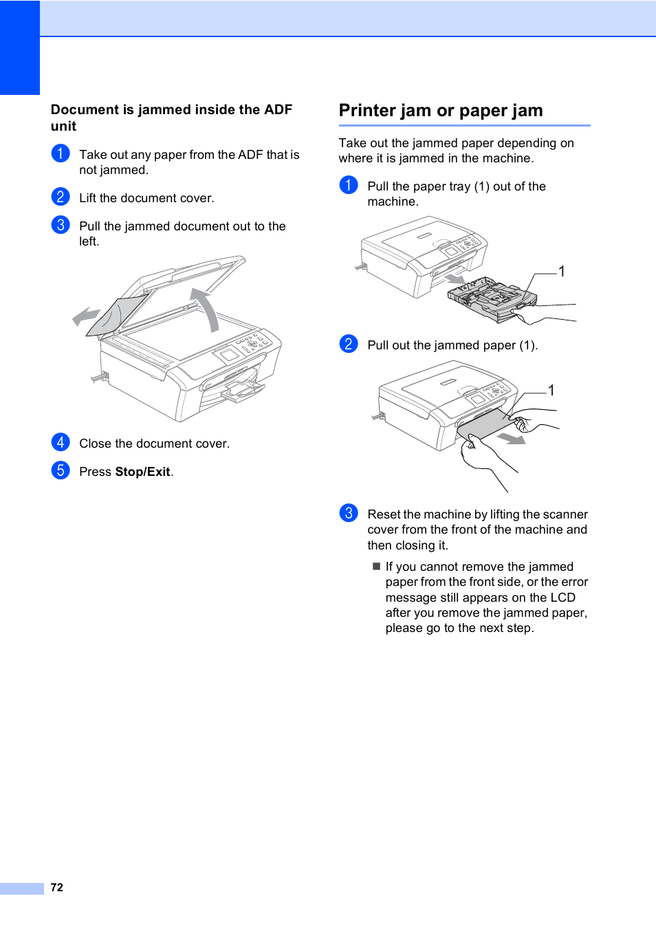 Document is jammed inside the adf unit, Printer jam or paper jam | Brother DCP-350C User Manual | Page 86 / 124