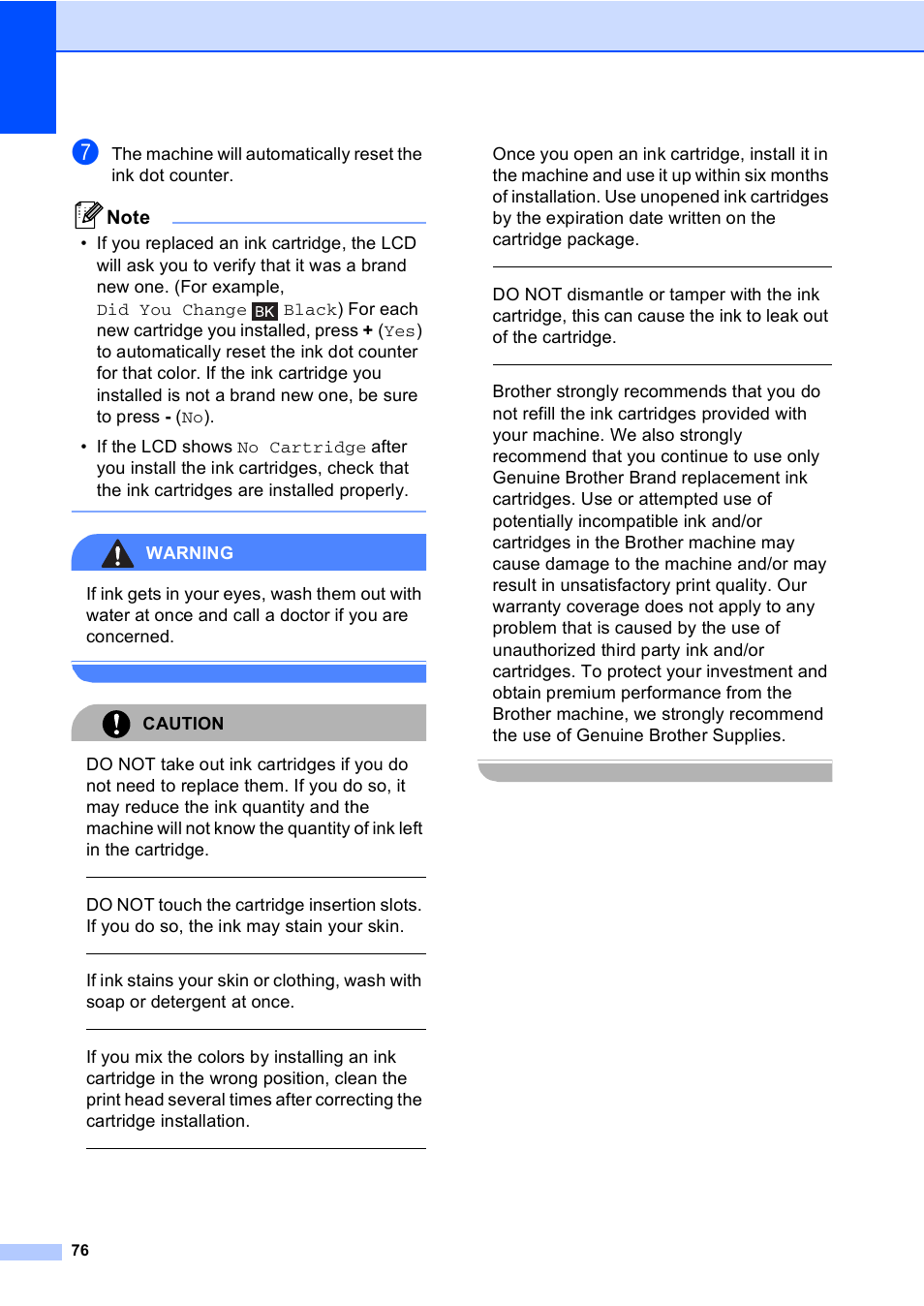 Warning, Caution | Brother DCP-350C User Manual | Page 90 / 124