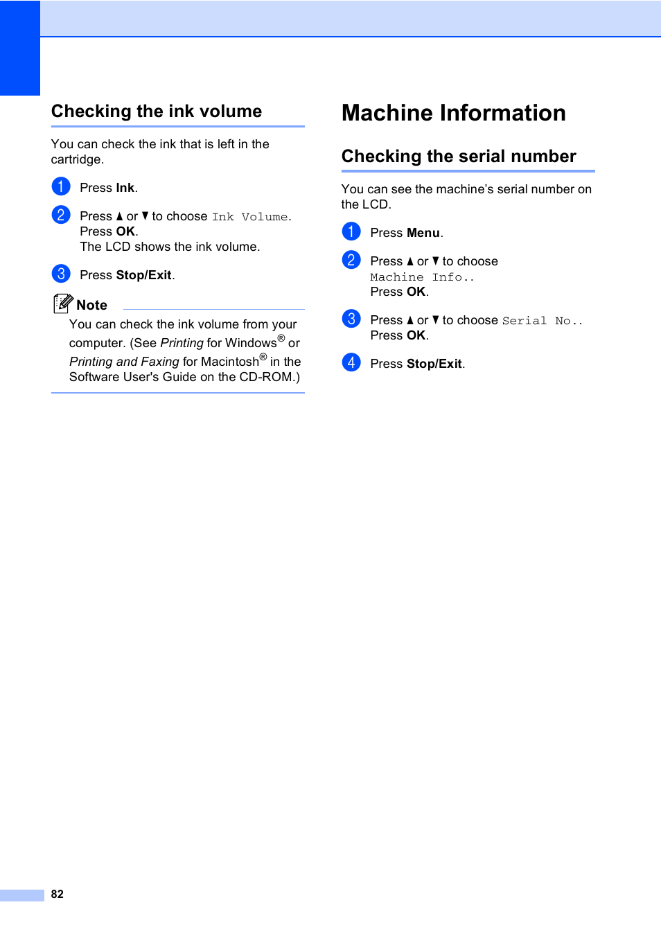 Checking the ink volume, Machine information, Checking the serial number | Brother DCP-350C User Manual | Page 96 / 124