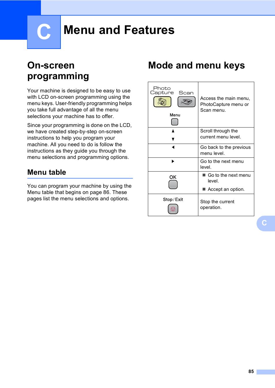 C menu and features, On-screen programming, Menu table | Mode and menu keys, Menu and features | Brother DCP-350C User Manual | Page 99 / 124