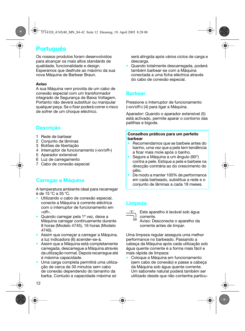 Português | Braun 4740 TriControl User Manual | Page 12 / 39