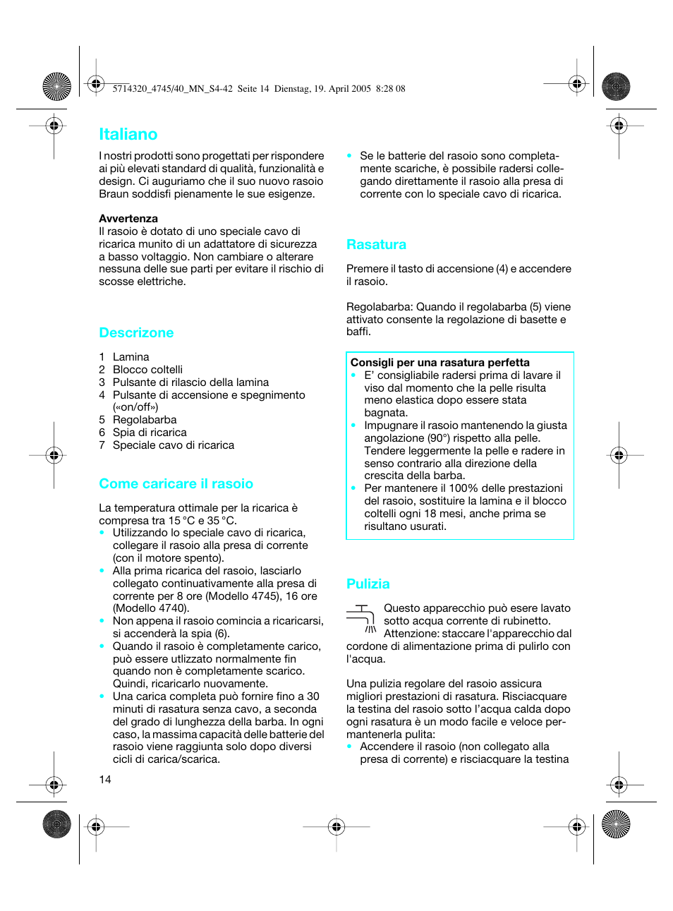 Italiano | Braun 4740 TriControl User Manual | Page 14 / 39