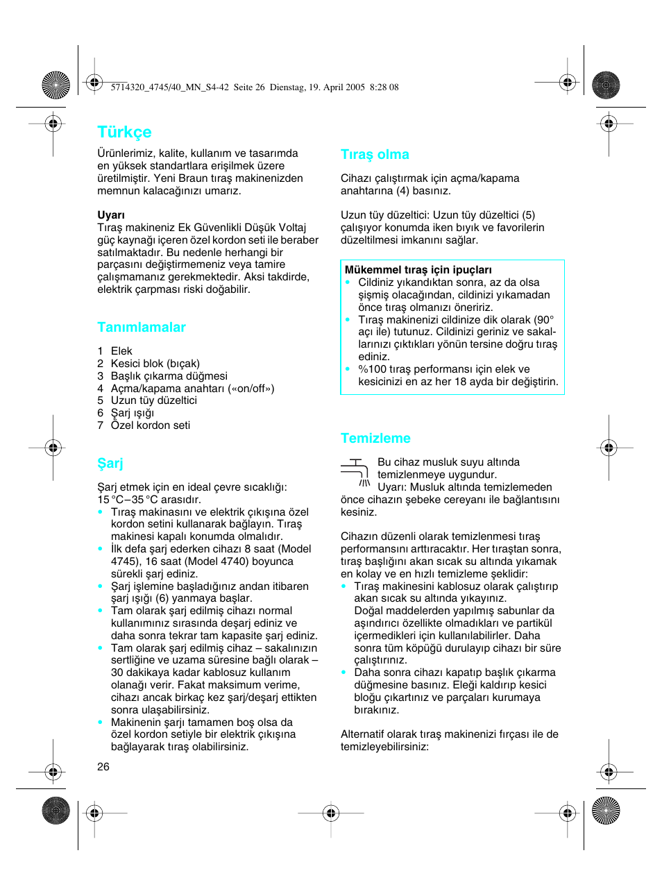 Türkçe | Braun 4740 TriControl User Manual | Page 26 / 39