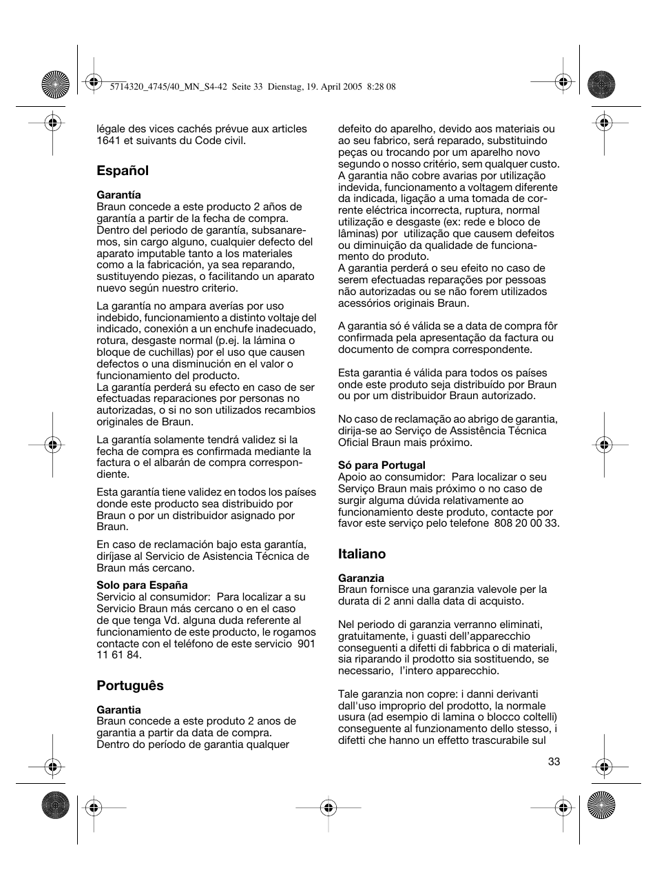 Español, Português, Italiano | Braun 4740 TriControl User Manual | Page 33 / 39