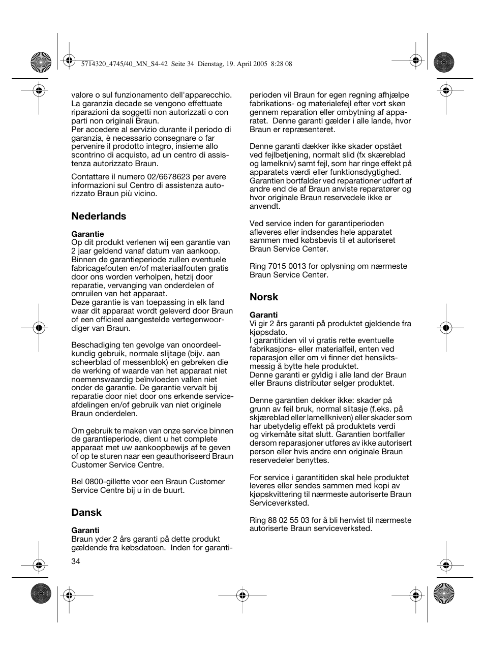 Nederlands, Dansk, Norsk | Braun 4740 TriControl User Manual | Page 34 / 39