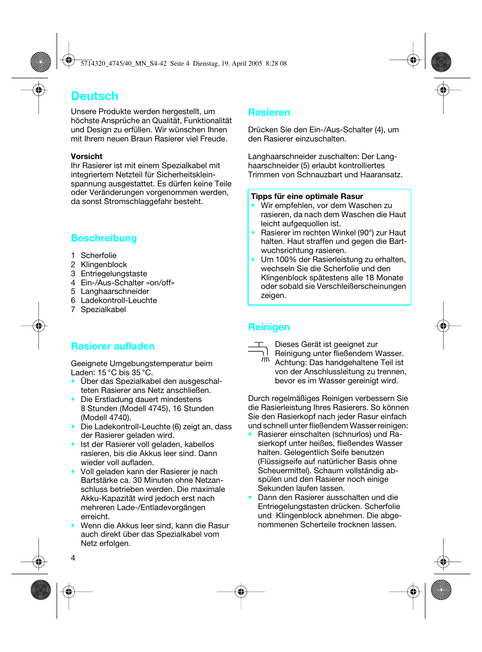 Deutsch | Braun 4740 TriControl User Manual | Page 4 / 39