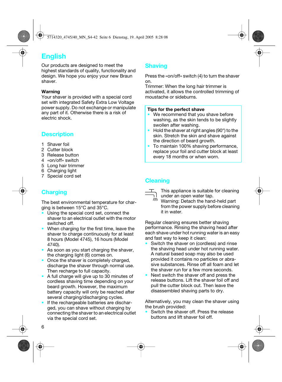 English | Braun 4740 TriControl User Manual | Page 6 / 39