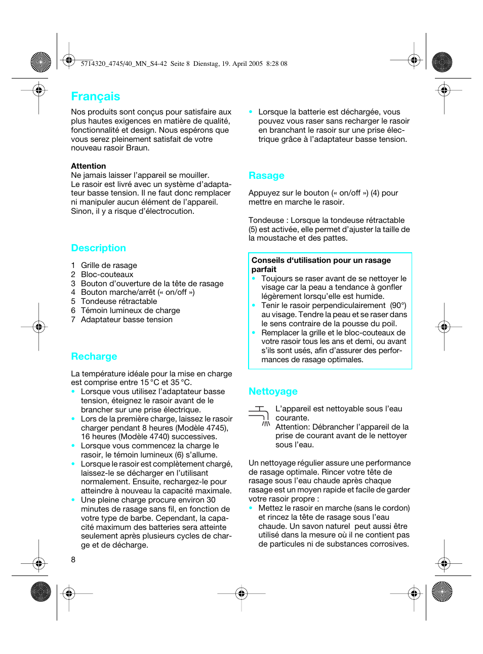 Français | Braun 4740 TriControl User Manual | Page 8 / 39