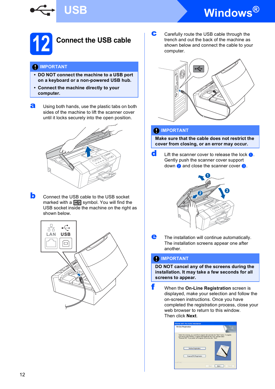 12 connect the usb cable, Windows, Connect the usb cable | Brother DCP-375CW User Manual | Page 12 / 42