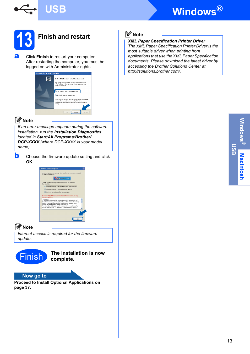 13 finish and restart, Windows, Finish | Brother DCP-375CW User Manual | Page 13 / 42