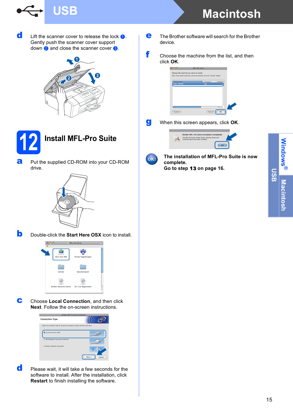 12 install mfl-pro suite, Macintosh usb, Install mfl-pro suite | Brother DCP-375CW User Manual | Page 15 / 42