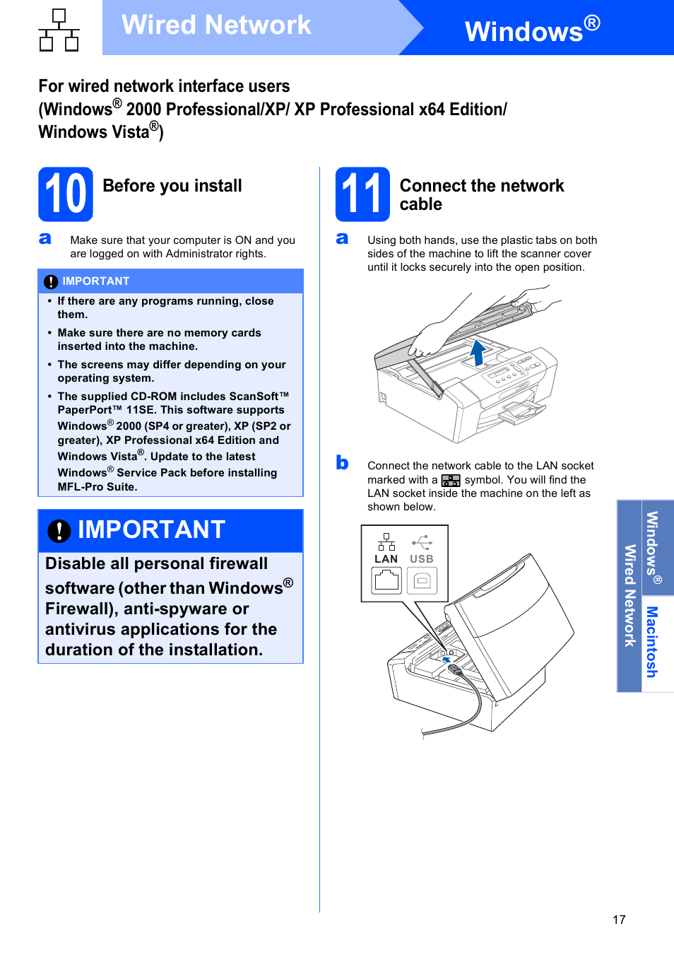 10 before you install, 11 connect the network cable, Windows | Wired network, Important | Brother DCP-375CW User Manual | Page 17 / 42