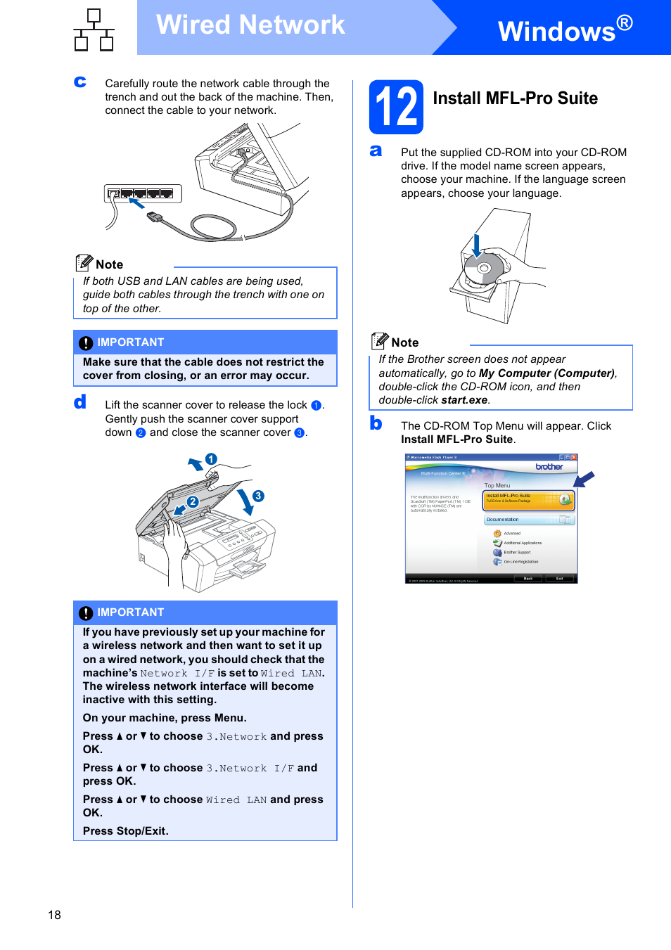 12 install mfl-pro suite, Windows, Wired network | Install mfl-pro suite | Brother DCP-375CW User Manual | Page 18 / 42