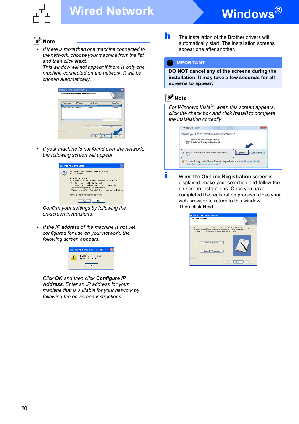 Windows, Wired network | Brother DCP-375CW User Manual | Page 20 / 42